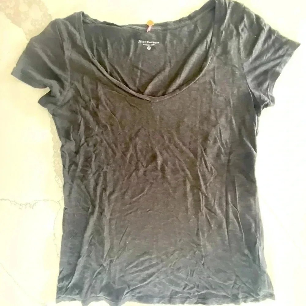 Juicy Couture Women’s Black Cotton Viscose SS Scoop V-Neck Tee‎ Shirt Small EUC